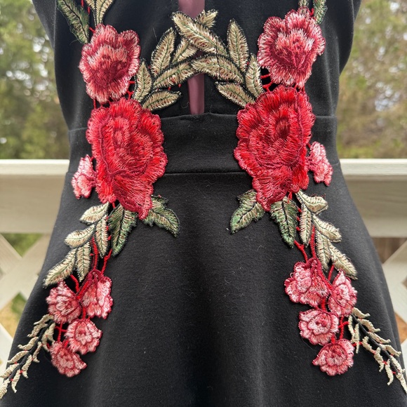 Mystic LA Romantic Roses Black Embroidered Skater Dress Small Plunge Neck Goth - Picture 9 of 11